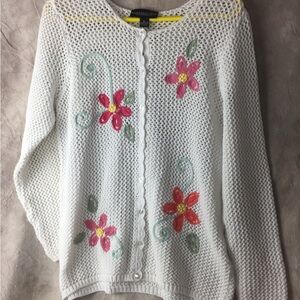 Monterey Bay White Open-Knit Cardigan with Pink & Red Floral Appliqués XL